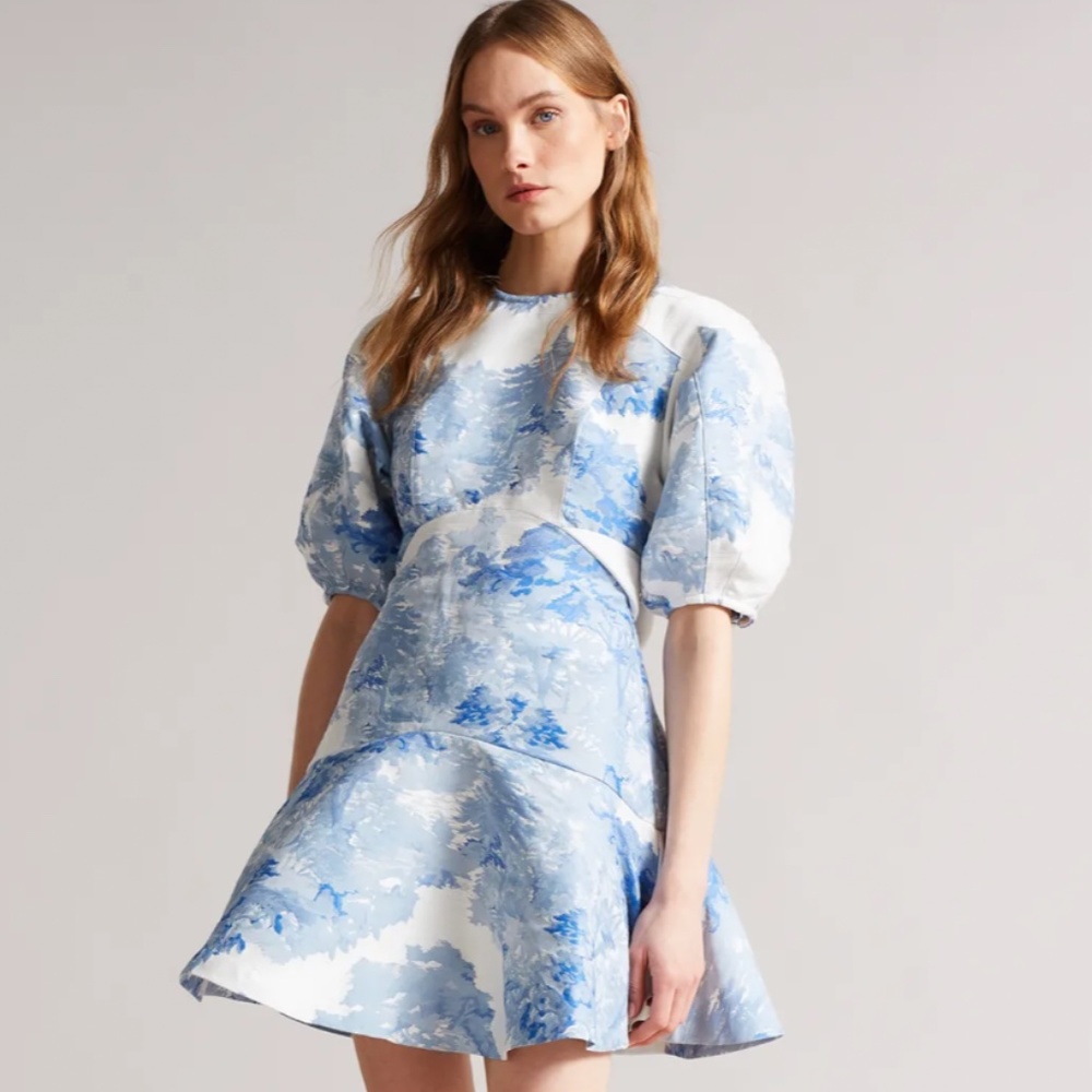 Ted Baker Puff Sleeve Jacquard Mini Dress